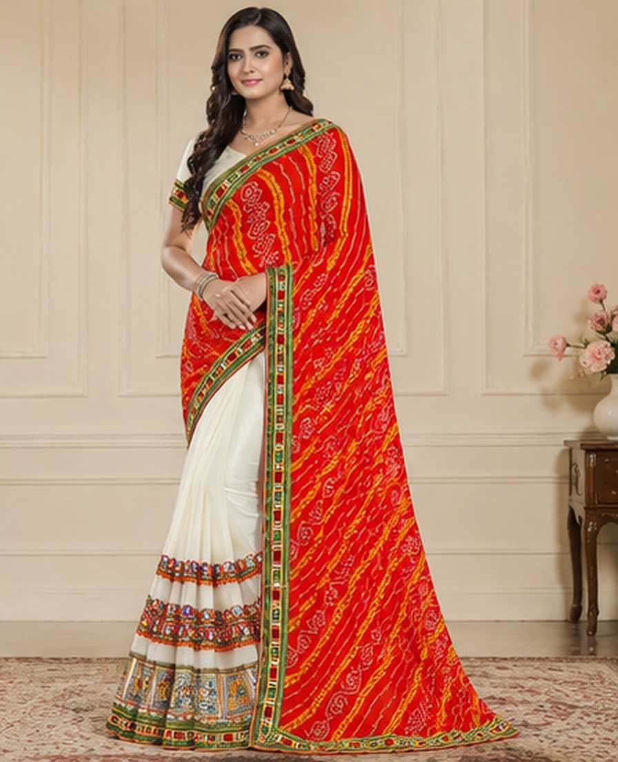Laal Bandhej Kutchi Border Saree view 5