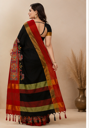 Kutchi Mirror Work Black Saree view 3