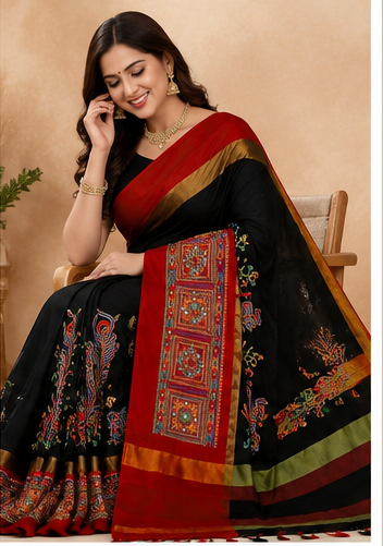 Kutchi Mirror Work Black Saree view 2