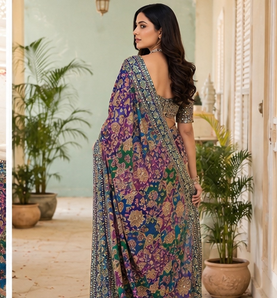 Jewel Tone Mirror Work Saree view 3