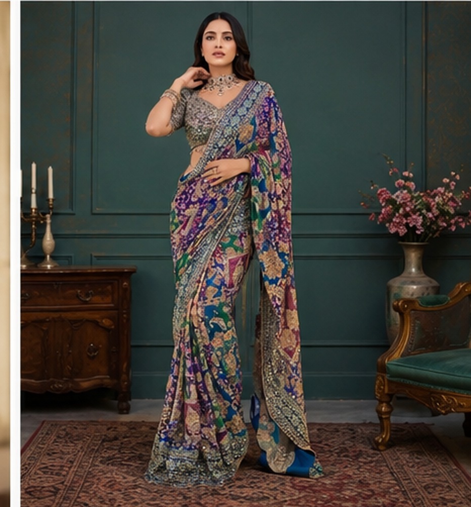 Jewel Tone Mirror Work Saree view 5