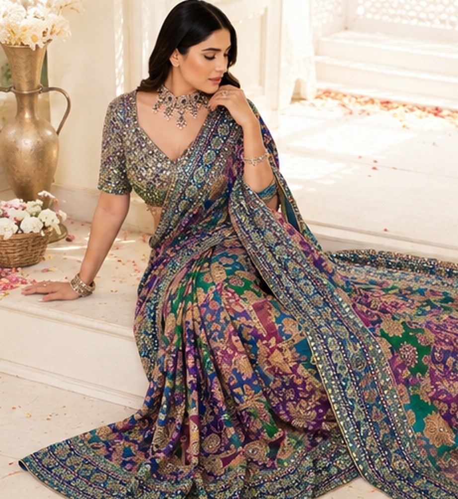 Jewel Tone Mirror Work Saree view 2
