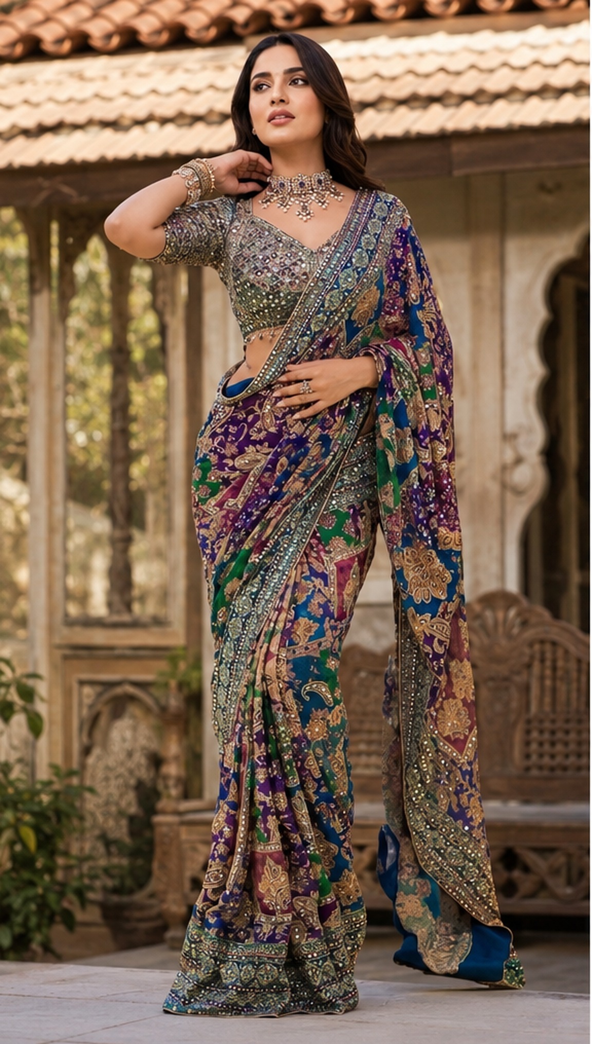 Jewel Tone Mirror Work Saree