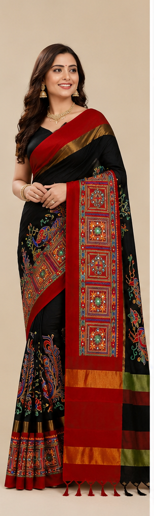 Kutchi Mirror Work Black Saree view 4
