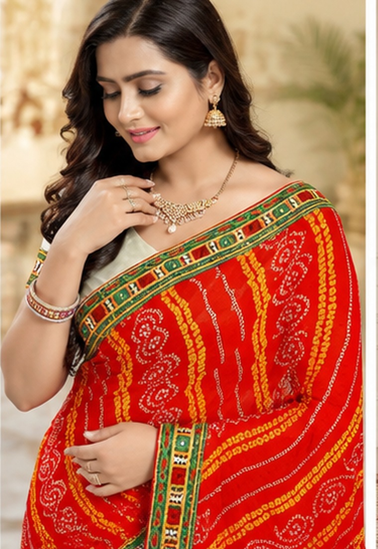 Laal Bandhej Kutchi Border Saree view 4