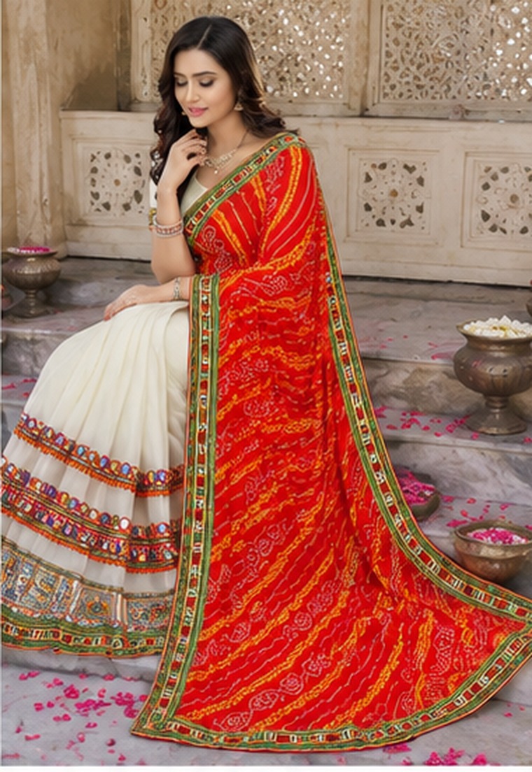 Laal Bandhej Kutchi Border Saree view 2