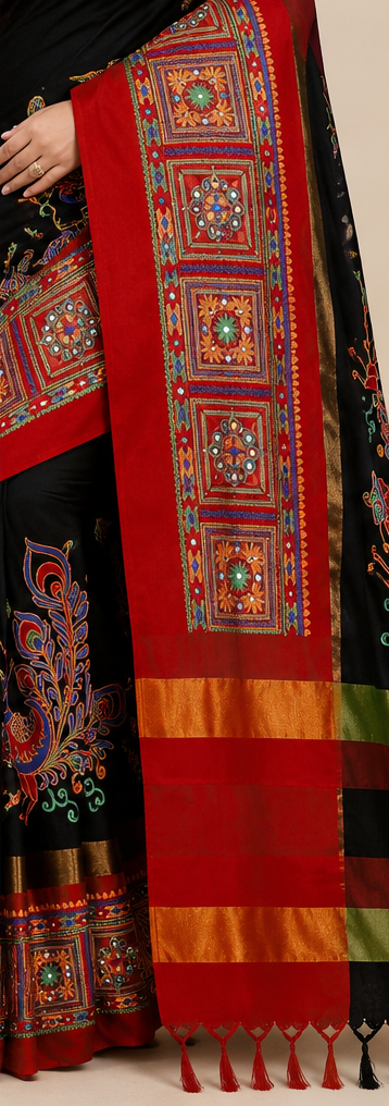 Kutchi Mirror Work Black Saree view 5