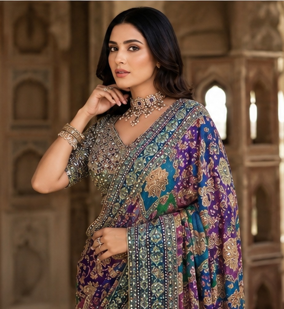Jewel Tone Mirror Work Saree view 4