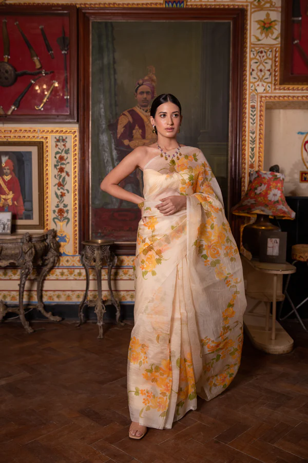 Heritage Ivory Floral Organza Saree